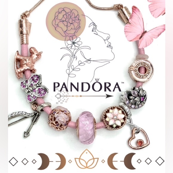 Authentic PANDORA Rose Gold two-tone w/ pink leather-band adjustable bracelet - Picture 8 of 8